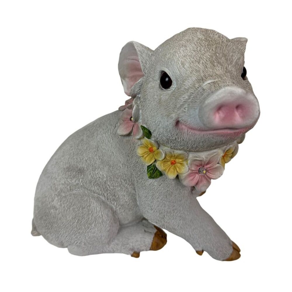 Solar Piglet Garden Light White Resin Flower LED Outdoor Figurine 7.5 In